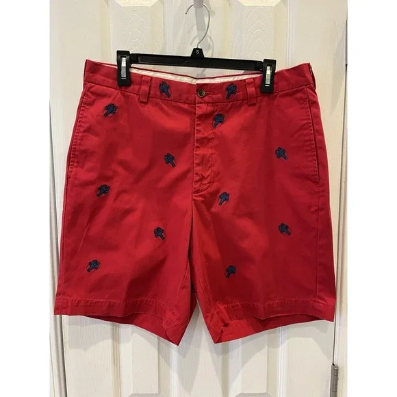 Brooks Brothers 346 Shorts Mens 34 Red Blue All Over Embroidered Lobster Chino - Picture 1 of 5